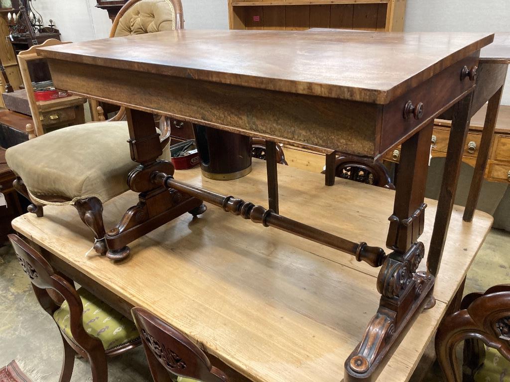 A Victorian carved mahogany two drawer centre table, width 106cm depth 54cm height 74cm